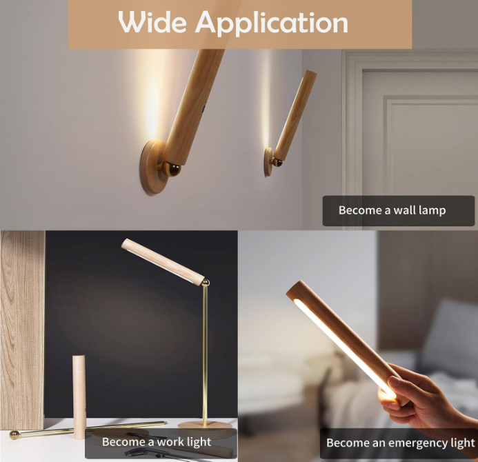 360° Rotatable Wooden Led Wall Lamp Magnetic USB Rechargeable Wall Sconces Battery Operated Led Night Light for Household (Beech Wood 1PC)