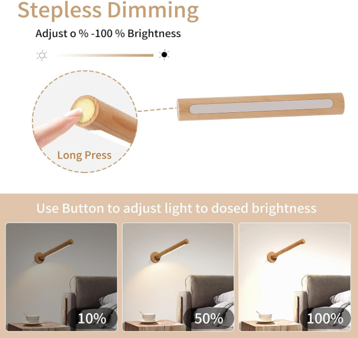 360° Rotatable Wooden Led Wall Lamp Magnetic USB Rechargeable Wall Sconces Battery Operated Led Night Light for Household (Beech Wood 1PC)