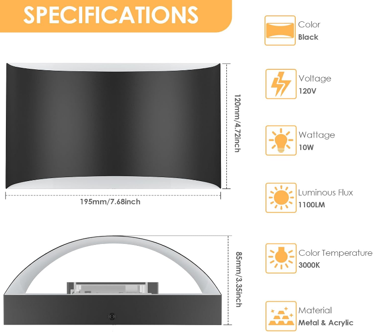 Modern LED Wall Sconces, 3000K Warm White Wall Lights Set of 2, 10W Up and Down Wall Mount Light, Matte Black Indoor Sconces Wall Lighting