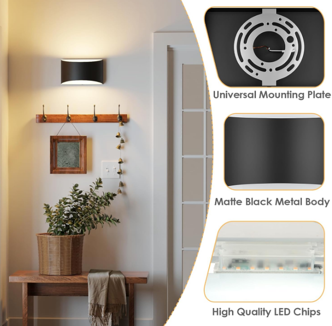 Modern LED Wall Sconces, 3000K Warm White Wall Lights Set of 2, 10W Up and Down Wall Mount Light, Matte Black Indoor Sconces Wall Lighting