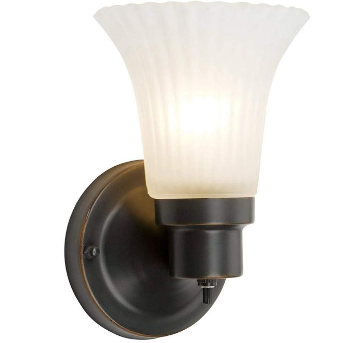 Village 1-Light Indoor Dimmable Wall Sconce Frosted Flute Glass with Twist On/Off Switch for Bathroom Bedroom Hallway, 8.25" H x 5.1" W, Oil-Rubbed Bronze