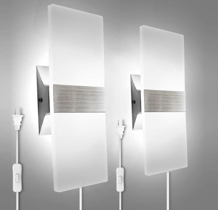 Wall Sconces Set of Two, Modern Wall Sconce Plug in 10W 6000K Cool White Acrylic Wall Lights with 6FT/180cm Plug in Cord and On/Off Switch on The Cord