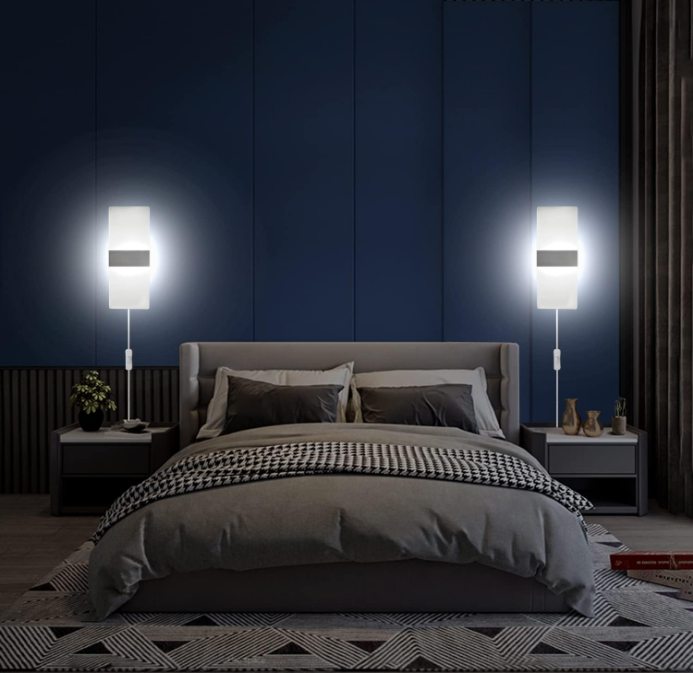 Wall Sconces Set of Two, Modern Wall Sconce Plug in 10W 6000K Cool White Acrylic Wall Lights with 6FT/180cm Plug in Cord and On/Off Switch on The Cord