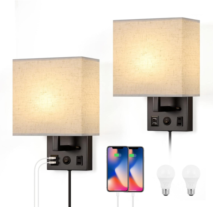 Wall Sconces Wall Lamps for Bedrooms Set of 2 Plug in Bedside Lights Wall Mounted with USB Ports Outlet Wall Light Fixtures for Bedroom Living Room Black (2 Bulbs Included)