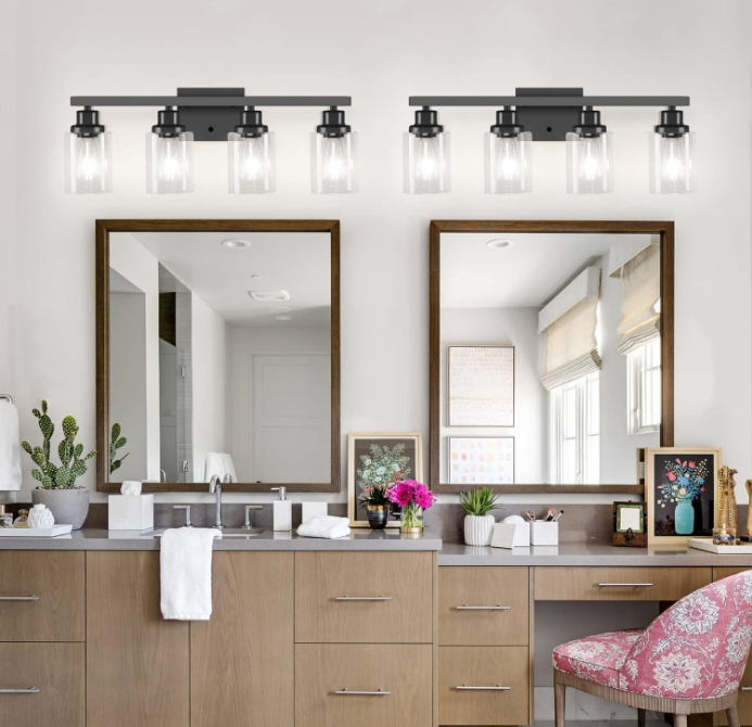 Bathroom Vanity Light, 4-Light Modern Matte Black Wall Sconce Lighting with Clear Glass Shade, Black Wall Lights,Bath Vintage Wall Mounted Lamps for Mirror Bedroom,Living Room