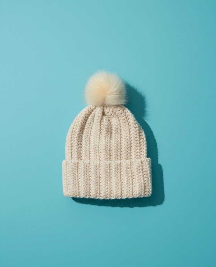 White knit pom pom beanie