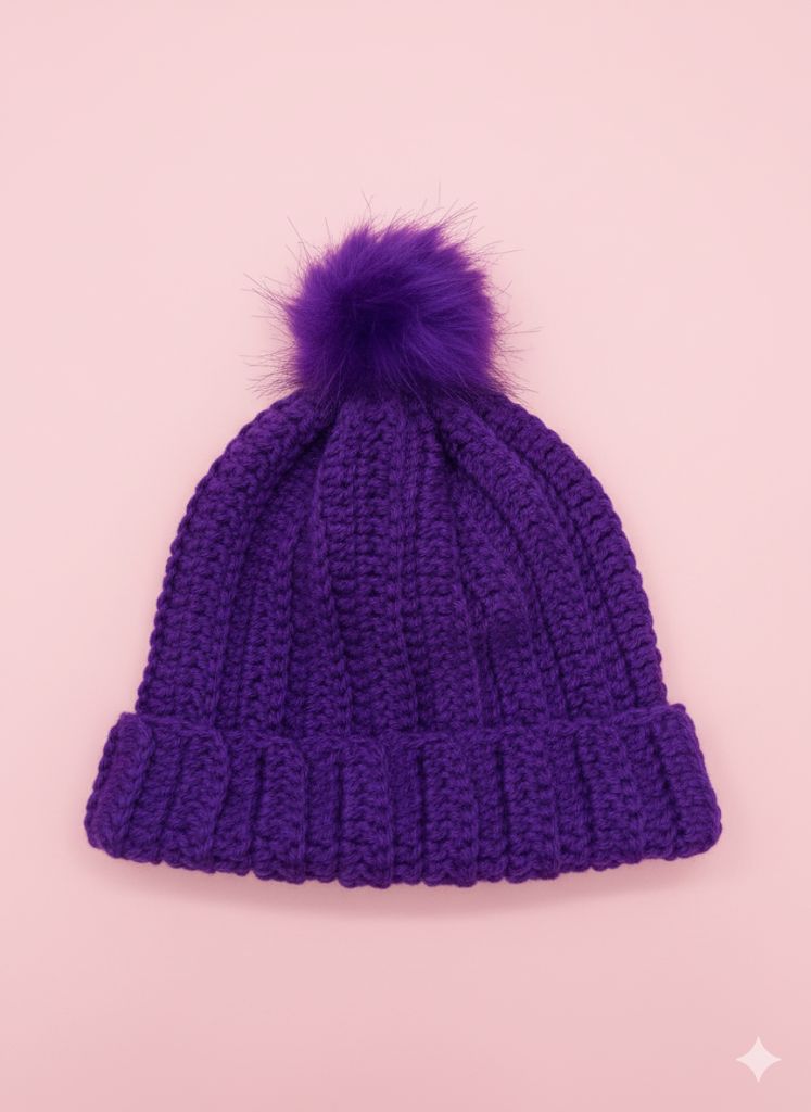 Purple Knitted Pom-Pom Beanie