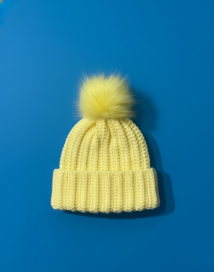 Yellow Knit Beanie with Pom Pom