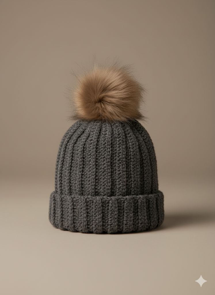 Gray Knit Beanie with Faux Fur Pom-Pom