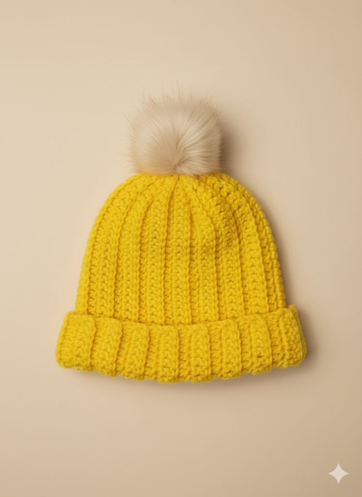 Yellow Knit Beanie with Pom Pom