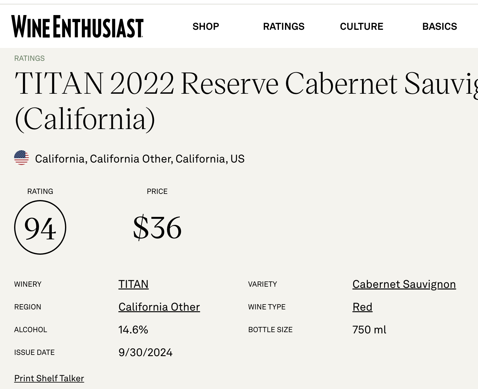 SAVE 25% on 6 bottles of TITAN 2022 Reserve Cabernet Sauvignon  - $27 bottle