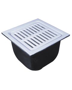FS-744, Floor Sink, 4" Pipe, No Hub, 12" Square x 8" Deep Porcelain Enamel Coated Cast Iron Grate, Dome Bottom Strainer, No Hub