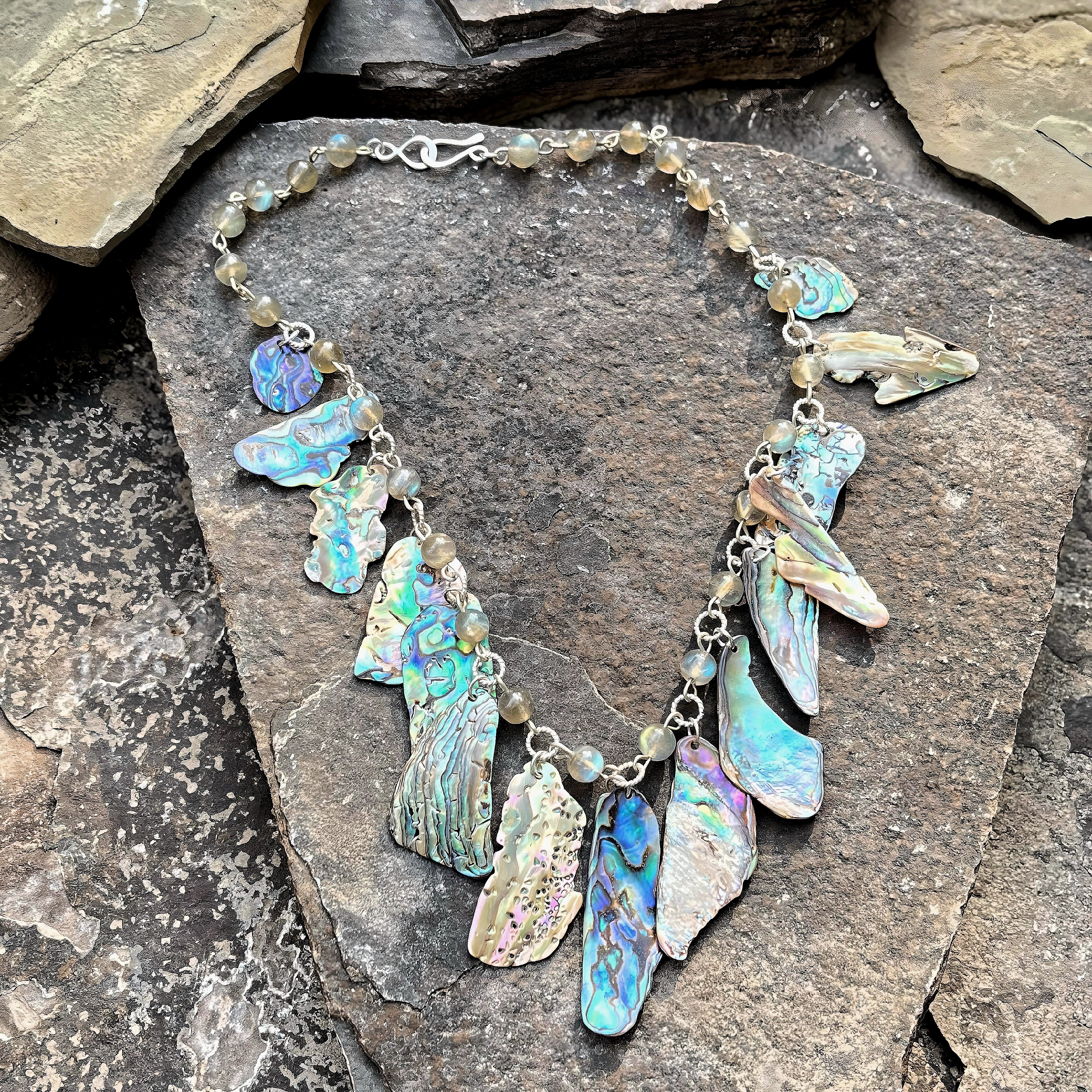 Sterling Silver and Argentium Necklace with Sliced Abalone and Labradorite