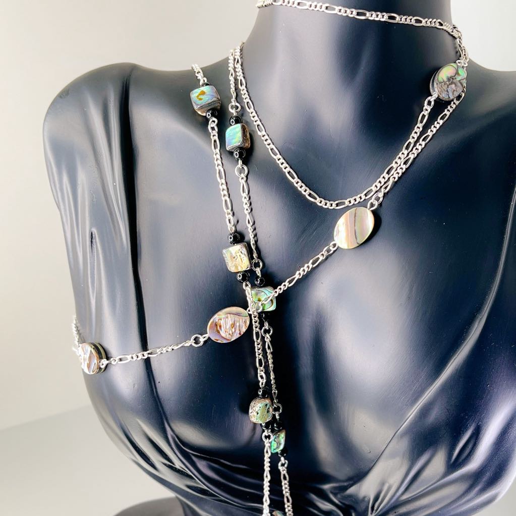 Sterling Silver Abalone and Black Jasper Opera Necklace