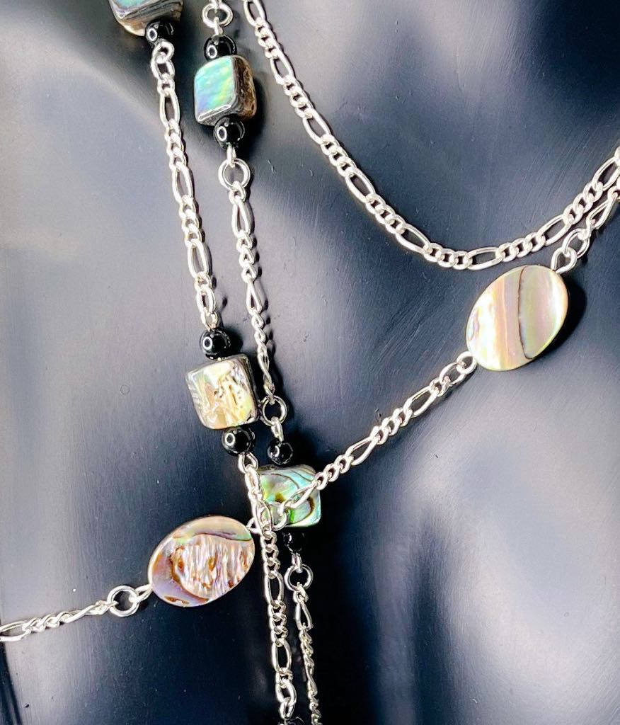 Sterling Silver Abalone and Black Jasper Opera Necklace