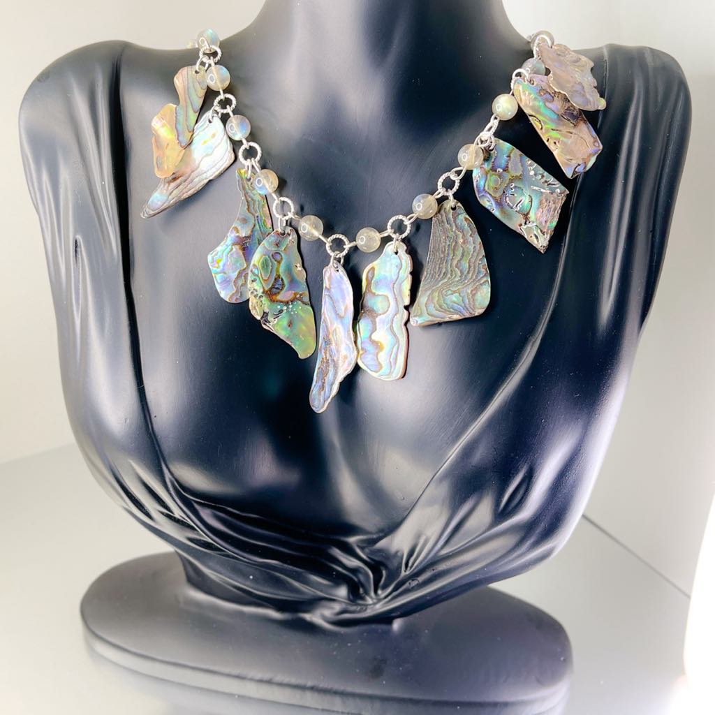 Sterling Silver and Argentium Necklace with Sliced Abalone and Labradorite