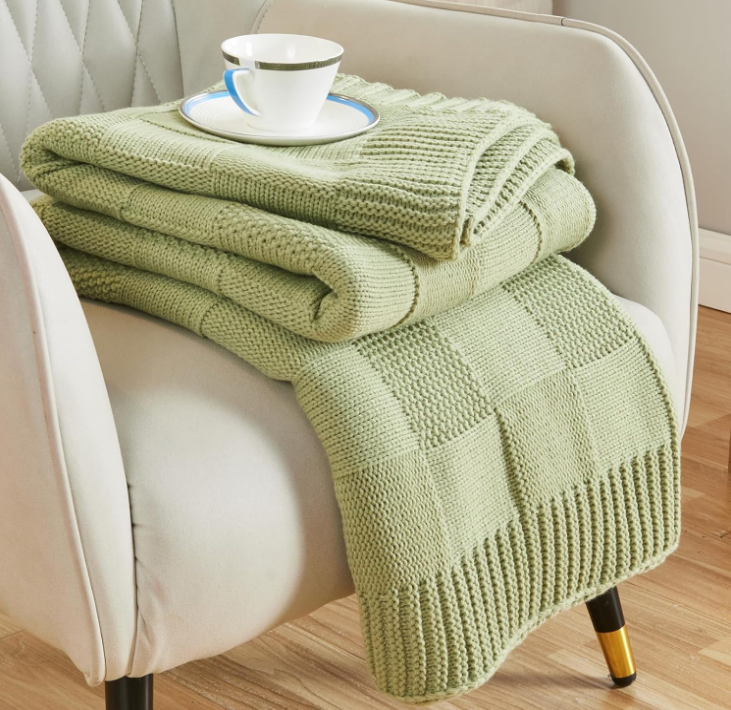 Knit Throw Blanket, Sage Green Checkered Throw Blanket for Couch, Soft Cozy Warm Knitted Throw Blanket for Bed Sofa Living Room, Decorative Spring Fall Throw Blanket 50"X60", Sage Green