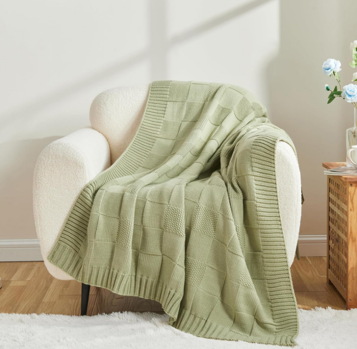 Knit Throw Blanket, Sage Green Checkered Throw Blanket for Couch, Soft Cozy Warm Knitted Throw Blanket for Bed Sofa Living Room, Decorative Spring Fall Throw Blanket 50"X60", Sage Green