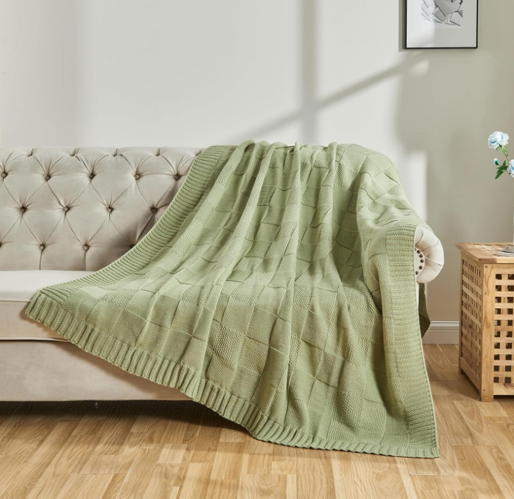 Knit Throw Blanket, Sage Green Checkered Throw Blanket for Couch, Soft Cozy Warm Knitted Throw Blanket for Bed Sofa Living Room, Decorative Spring Fall Throw Blanket 50"X60", Sage Green