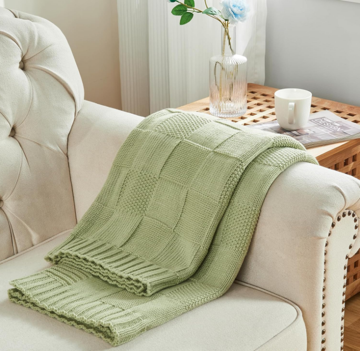 Knit Throw Blanket, Sage Green Checkered Throw Blanket for Couch, Soft Cozy Warm Knitted Throw Blanket for Bed Sofa Living Room, Decorative Spring Fall Throw Blanket 50"X60", Sage Green