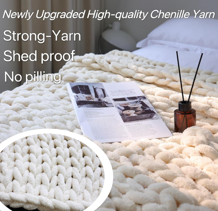Chenille Chunky Knit Blanket Throw （40×50 Inch）, Handmade Warm & Cozy Blanket Couch, Bed, Home Decor, Soft Breathable Fleece Banket, Christmas Thick and Giant Yarn Throws, Cream