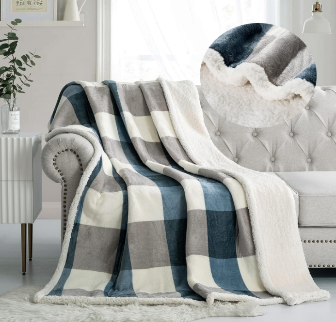 Sherpa Fleece Throw Blanket 60" x 80" Reversible Plush Fluffy Large Big Blanket Lattice Flannel Blankets for Sofa Couch Bed (Grey-Soft Blue, 60"*80")