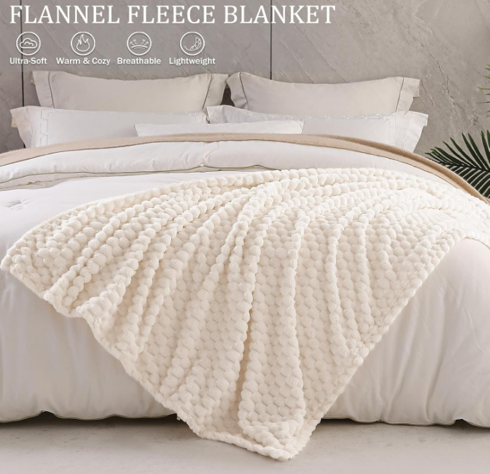 Extra Large Soft Fleece Throw Blanket, 50x70 Inches 3D Clouds Stylish Jacquard Throw Blanket for Couch, Cozy Soft Lightweight for All Season, Ivory Blanket