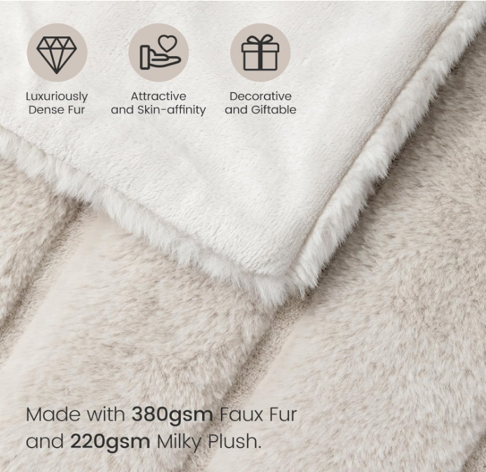 Faux Fur Throw Blanket for Couch, Cozy Soft Plush Thick Winter Blanket for Sofa Bedroom Living Room, 50 * 60 Inches Beige
