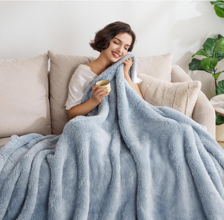 Classic Extra-Fluffy™ Plush Throw Blanket, Soft Fuzzy Fluffy Long Hair Throw Blanket for Couch Sofa Bed, Blue Mist, 50x60 Inches