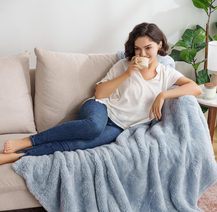 Classic Extra-Fluffy™ Plush Throw Blanket, Soft Fuzzy Fluffy Long Hair Throw Blanket for Couch Sofa Bed, Blue Mist, 50x60 Inches