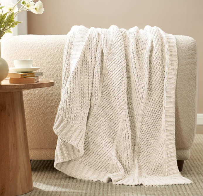 Chenille Knit Throw Blanket for Couch, Chunky Knit Blanket with Chevron Texture Non-Shedding, Decorative Farmhouse Soft Blanket for Home Sofa Chair Bed, Ivory, 50"x 60"