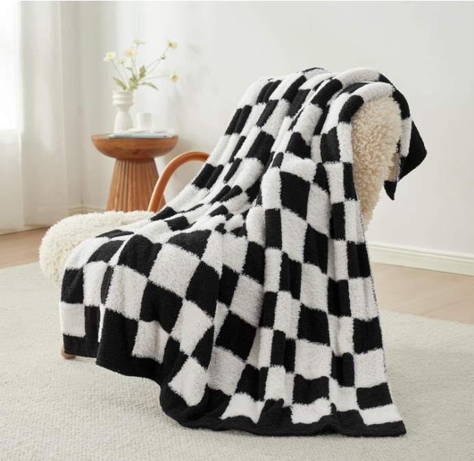 Faux Fur Throw Blanket for Couch,Black Checker Blanket Knitted with Microfiber Fancy Yarn, Cozy Soft Warm Blankets for Sofa, Bedroom, Living Room, Black Checker,50x60 inches