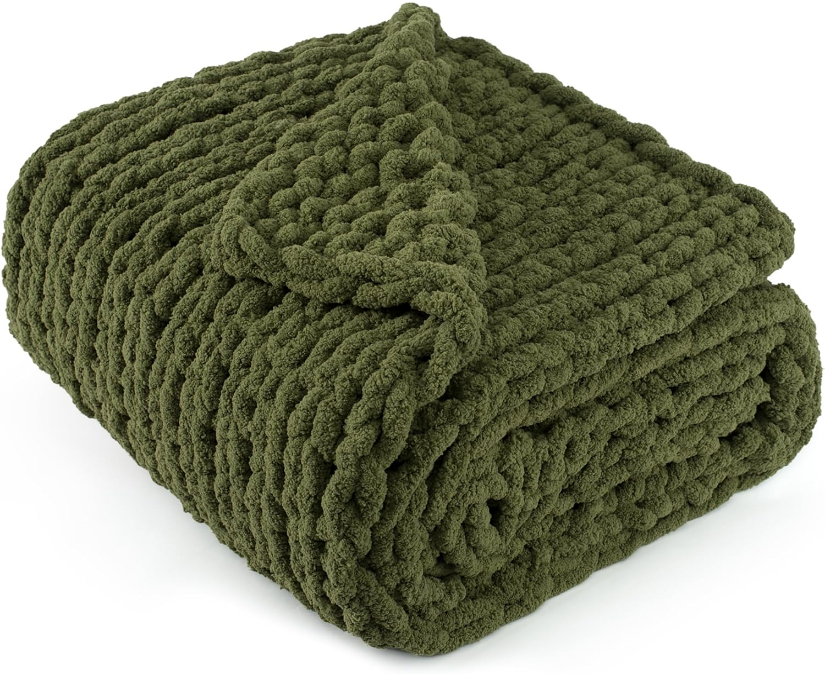 Chunky Knit Throw Blanket 50"X 60", 100% Handmade with Soft Chenille Yarn, 4.4lbs Thick Cable Knitted Blankets, Large Rope Knot Crochet Throws for Couch Sofa Bed Home Decor, Olive Green