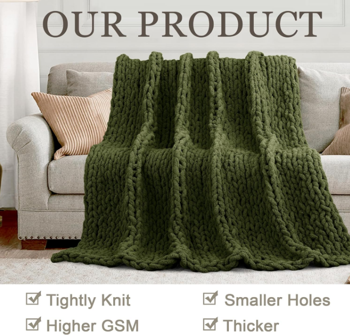 Chunky Knit Throw Blanket 50"X 60", 100% Handmade with Soft Chenille Yarn, 4.4lbs Thick Cable Knitted Blankets, Large Rope Knot Crochet Throws for Couch Sofa Bed Home Decor, Olive Green