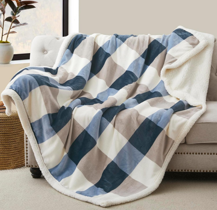 Sherpa Throw Blanket 60”x80”, Plaid Warm Cozy Throw Blankets for Sofa, Couch, Bed, Reversible Throws Fluffy Plush Flannel Fleece Blankets and Throws for Adults Women Men, Gray-Soft Blue