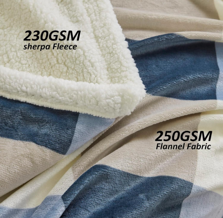 Sherpa Throw Blanket 60”x80”, Plaid Warm Cozy Throw Blankets for Sofa, Couch, Bed, Reversible Throws Fluffy Plush Flannel Fleece Blankets and Throws for Adults Women Men, Gray-Soft Blue