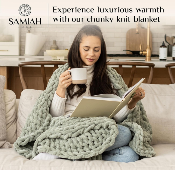 Sage Green Chunky Knit Blanket Throw 50x60, Chunky Knit Throw Blanket for Couch, Large Chunky Knitted Throw Blanket, Chenille Throw Blanket, Knit Throw Blanket for Bed,Knit Chunky Blanket