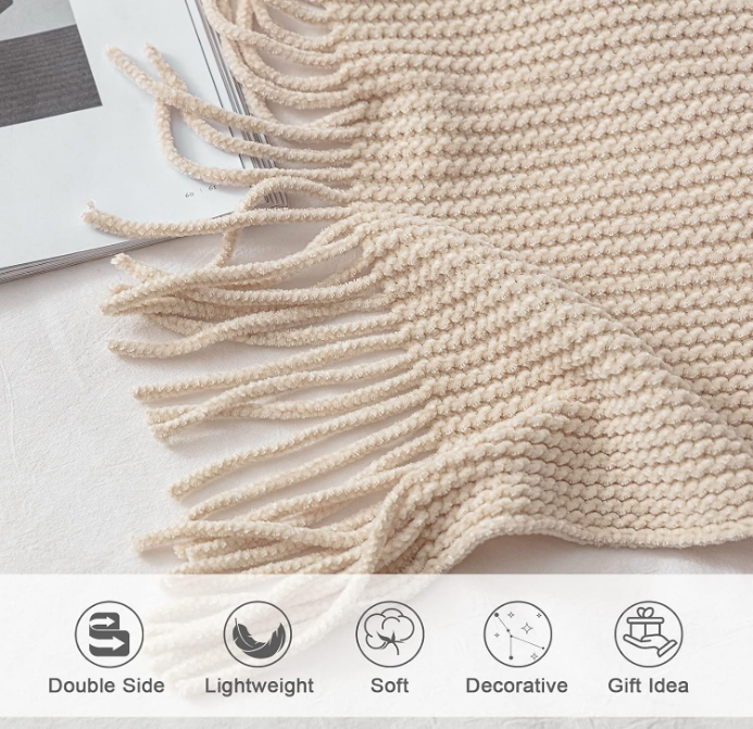 Fall Throw Blanket for Couch-Soft Boho Bed Throw Blankets,Cozy White Chenille Knitted Throw,Small Farmhouse Lightweight Blanket&Throw for Autumn,Woman,Chair,Sofa,Home Decor(White/Cream,50*60")