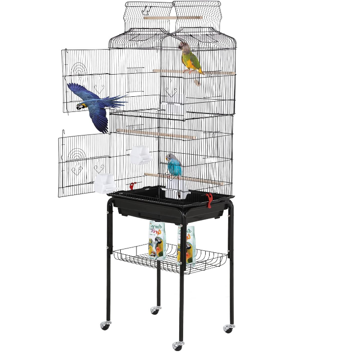 64 inch Wrought Iron Bird Cage for Parakeets Medium Small Parrots Parakeet Cage with Detachable Rolling Stand & Play Open Top for Cockatiels Lovebird Finches Canaries (Black)