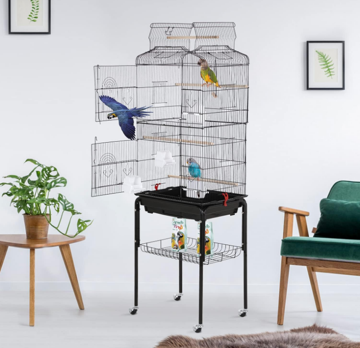 64 inch Wrought Iron Bird Cage for Parakeets Medium Small Parrots Parakeet Cage with Detachable Rolling Stand & Play Open Top for Cockatiels Lovebird Finches Canaries (Black)