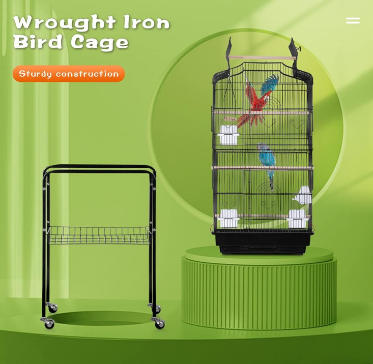 64 inch Wrought Iron Bird Cage for Parakeets Medium Small Parrots Parakeet Cage with Detachable Rolling Stand & Play Open Top for Cockatiels Lovebird Finches Canaries (Black)