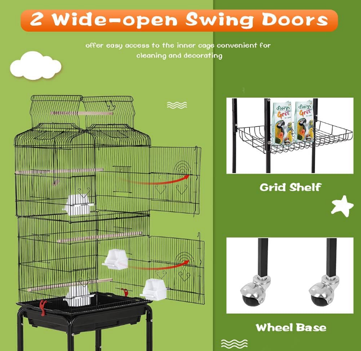 64 inch Wrought Iron Bird Cage for Parakeets Medium Small Parrots Parakeet Cage with Detachable Rolling Stand & Play Open Top for Cockatiels Lovebird Finches Canaries (Black)