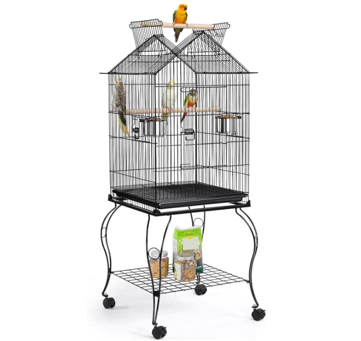 57-Inch Rolling Open Top Roof Bird Cage for Mid-Sized Parrots Cockatiels Caique Quaker Monk Indian Ring Neck Green Cheek Conure Middle Bird Cage with Detachable Stand