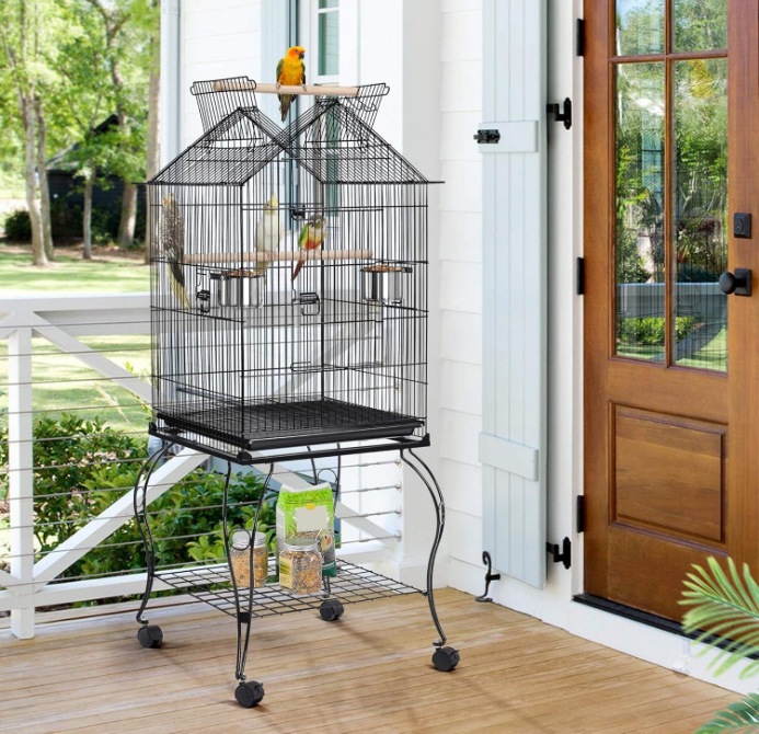 57-Inch Rolling Open Top Roof Bird Cage for Mid-Sized Parrots Cockatiels Caique Quaker Monk Indian Ring Neck Green Cheek Conure Middle Bird Cage with Detachable Stand