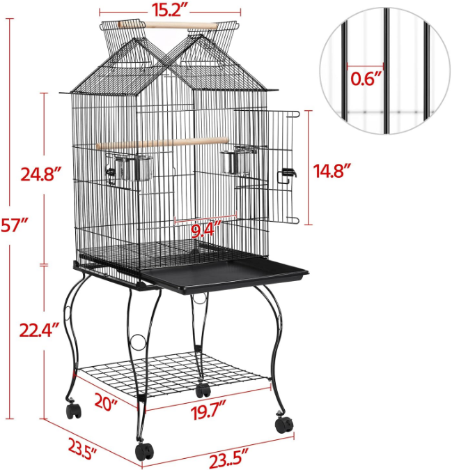 57-Inch Rolling Open Top Roof Bird Cage for Mid-Sized Parrots Cockatiels Caique Quaker Monk Indian Ring Neck Green Cheek Conure Middle Bird Cage with Detachable Stand