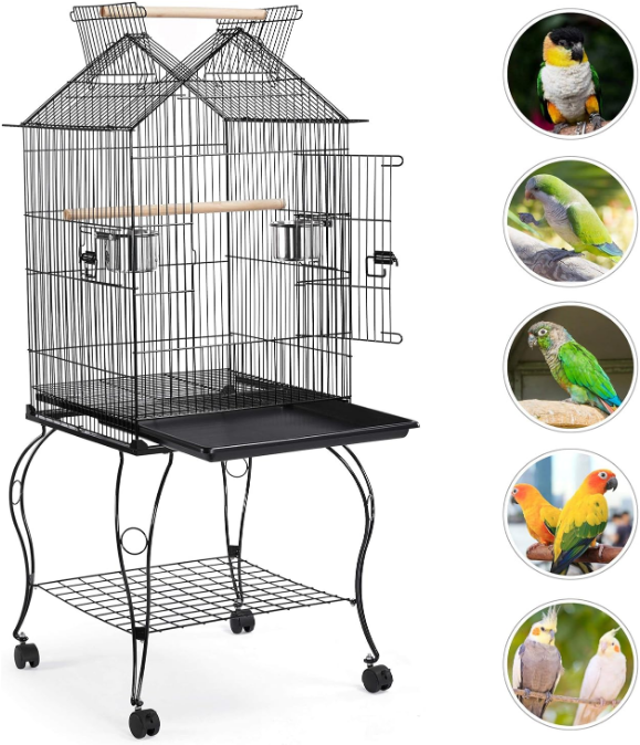 57-Inch Rolling Open Top Roof Bird Cage for Mid-Sized Parrots Cockatiels Caique Quaker Monk Indian Ring Neck Green Cheek Conure Middle Bird Cage with Detachable Stand