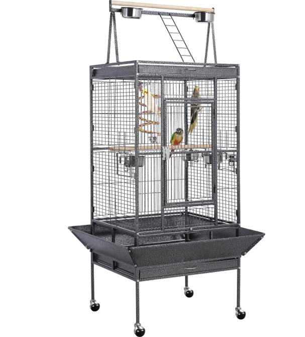 69-inch Wrought Iron Rolling Large Parrot Bird Cage for African Grey Small Quaker Amazon Cockatiel Sun Parakeet Green Cheek Conure Dove Lovebird Budgie Play Top with Stand