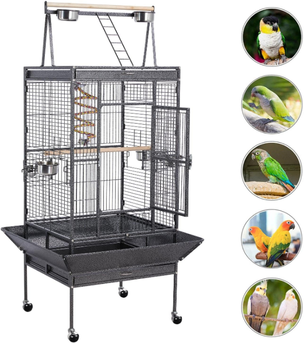 69-inch Wrought Iron Rolling Large Parrot Bird Cage for African Grey Small Quaker Amazon Cockatiel Sun Parakeet Green Cheek Conure Dove Lovebird Budgie Play Top with Stand