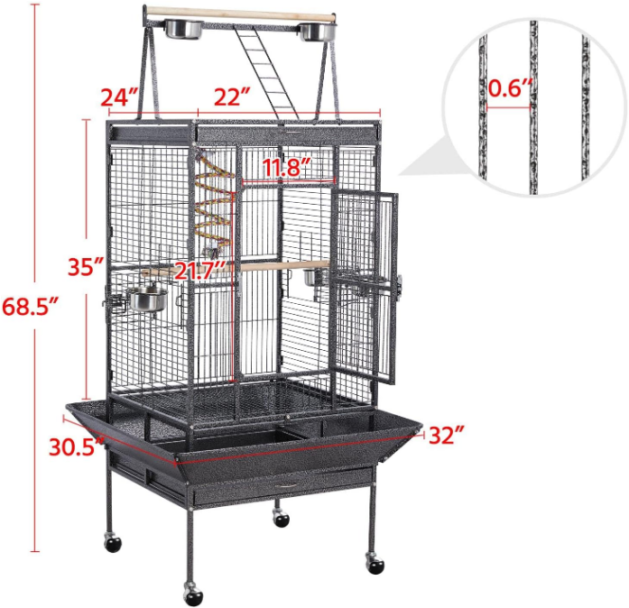 69-inch Wrought Iron Rolling Large Parrot Bird Cage for African Grey Small Quaker Amazon Cockatiel Sun Parakeet Green Cheek Conure Dove Lovebird Budgie Play Top with Stand
