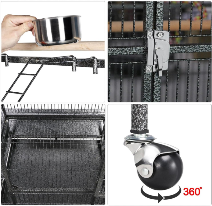 69-inch Wrought Iron Rolling Large Parrot Bird Cage for African Grey Small Quaker Amazon Cockatiel Sun Parakeet Green Cheek Conure Dove Lovebird Budgie Play Top with Stand
